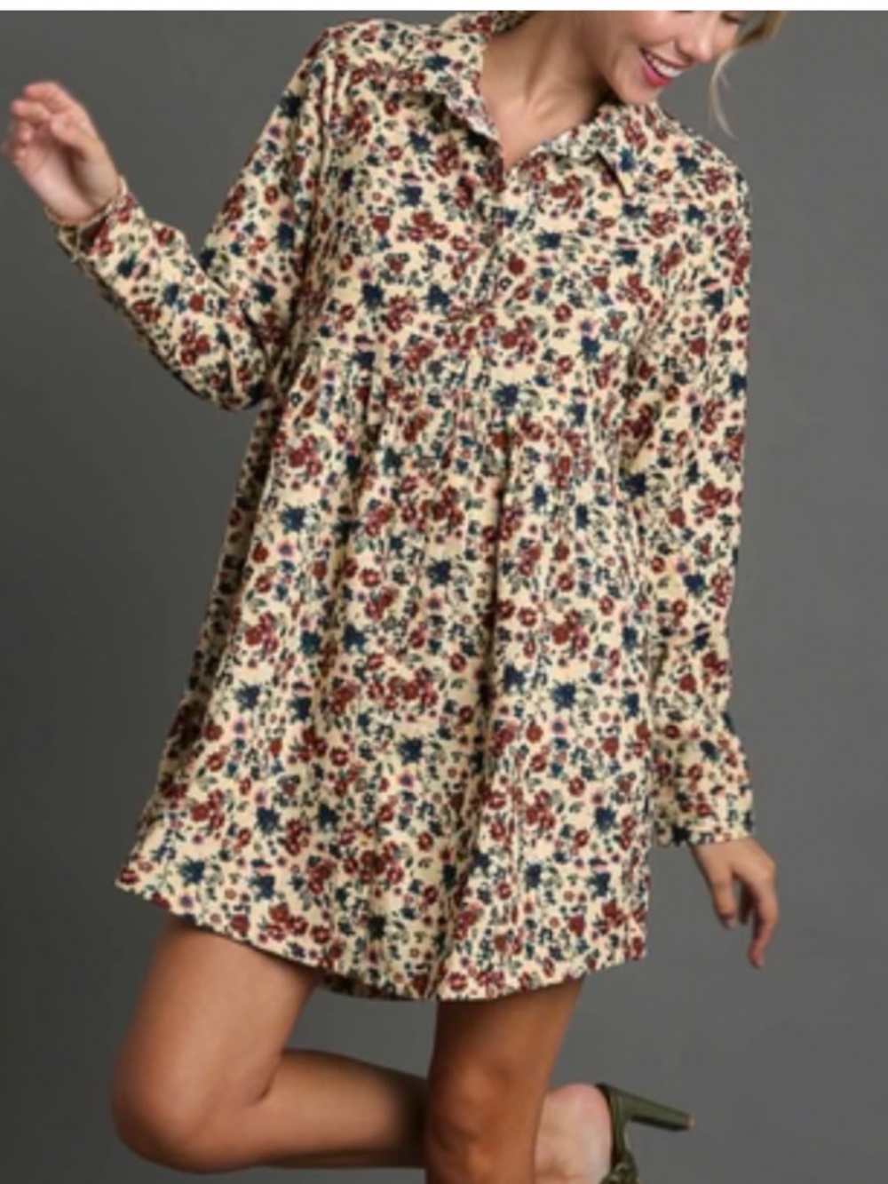 Umgee Blue and Maroon Floral‎ Long Sleeve Corduroy Dress Sz S